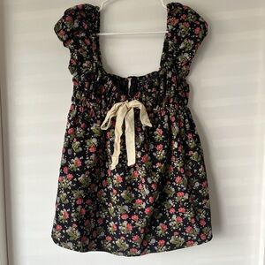 (SOLD) Free People Floral Black Top with Bow